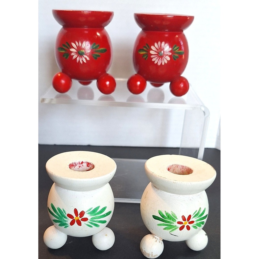 Vintage Swedish Wood Candle Holders Set 4 Hand Painted Folk Art Ball Feet Sweden
